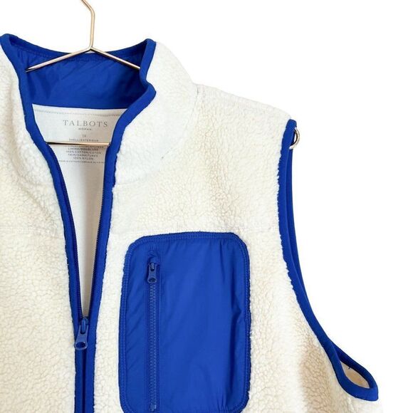 NWT Talbots Cream Sherpa Blue Trim Pocket Zip Up Vest 1X - Picture 2 of 8
